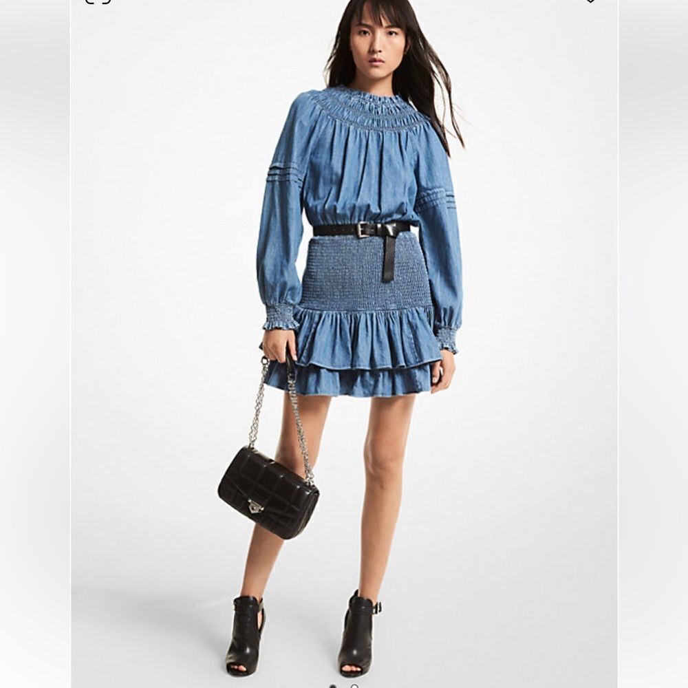 Michael Kors Cotton Chambray Smocked Mini Dress S